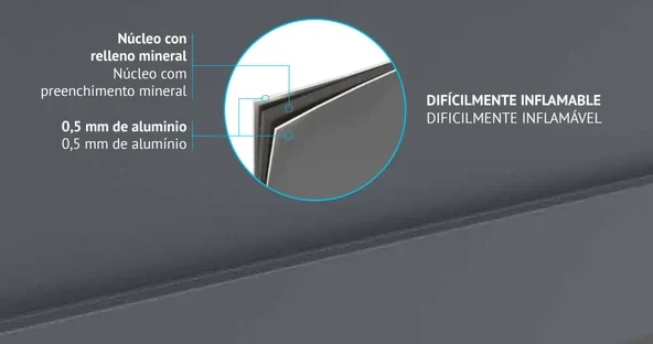 Painel sandwich em alumínio — o núcleo com enchimento mineral entre duas chapas de 0,5 mm