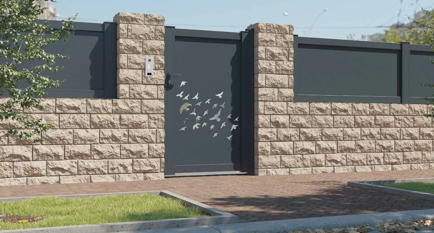 Desenho ORG 3 para portão de alumínio — portão instalado, bando de aves