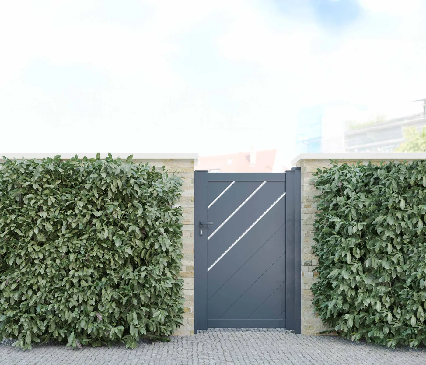 Portão de Alumínio Painel com Riscas Oblíquas — porta pedonal instalado