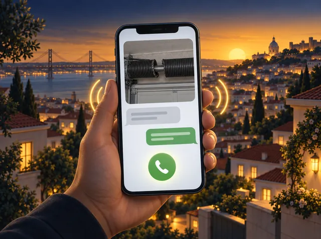 Telemóvel na mão com a fotografia da mola partida enviada por WhatsApp, com Lisboa ao fundo