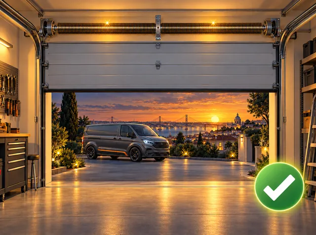Portão seccionado visto de dentro da garagem, com as molas novas presas à parede por cima do vão e o sinal de concluído